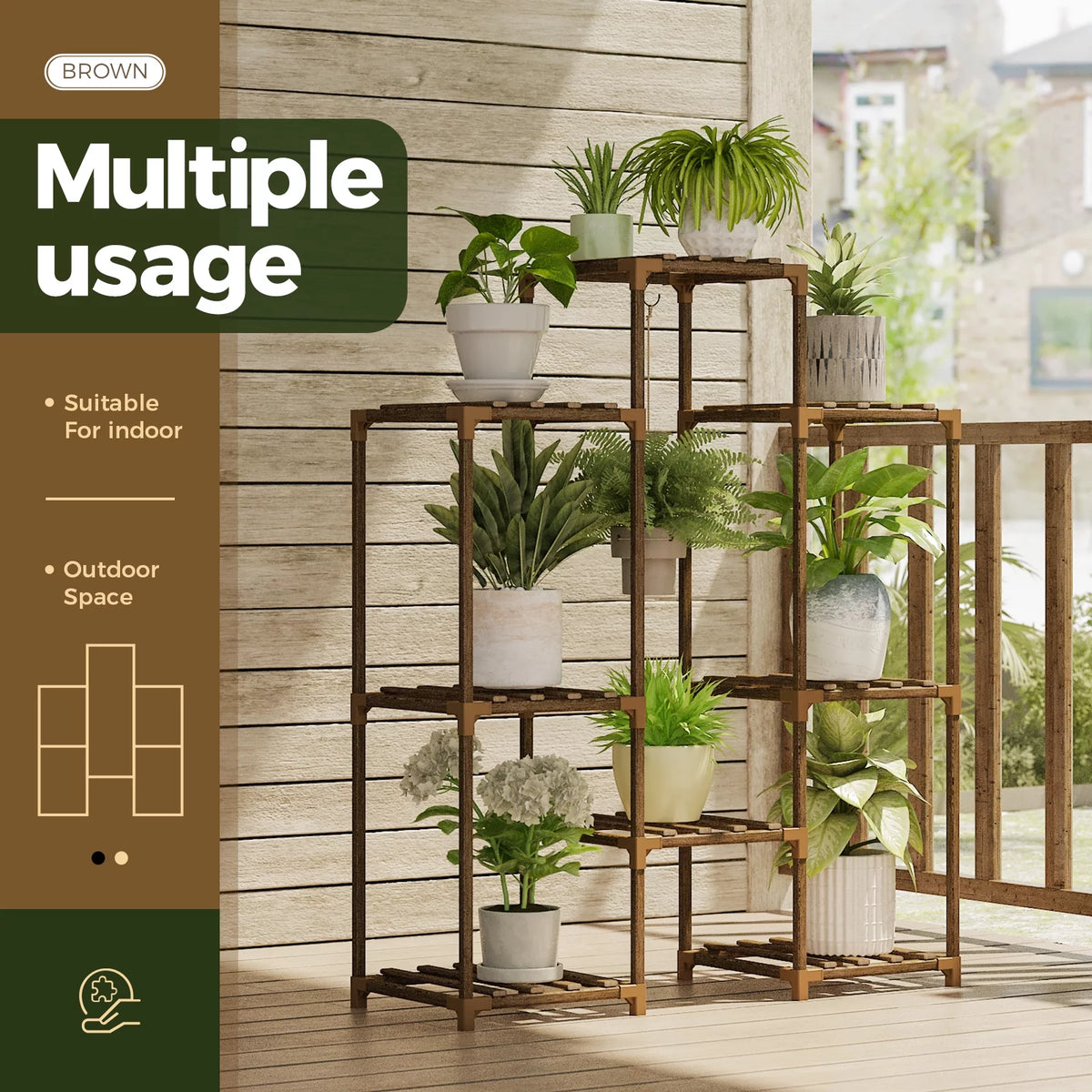 Wood Plant Stand 8 Pots Tiered Plant Shelf Indoor Outdoor Ladder Plant Rack with Hanging Design for Living Room Patio Balcony Garden
