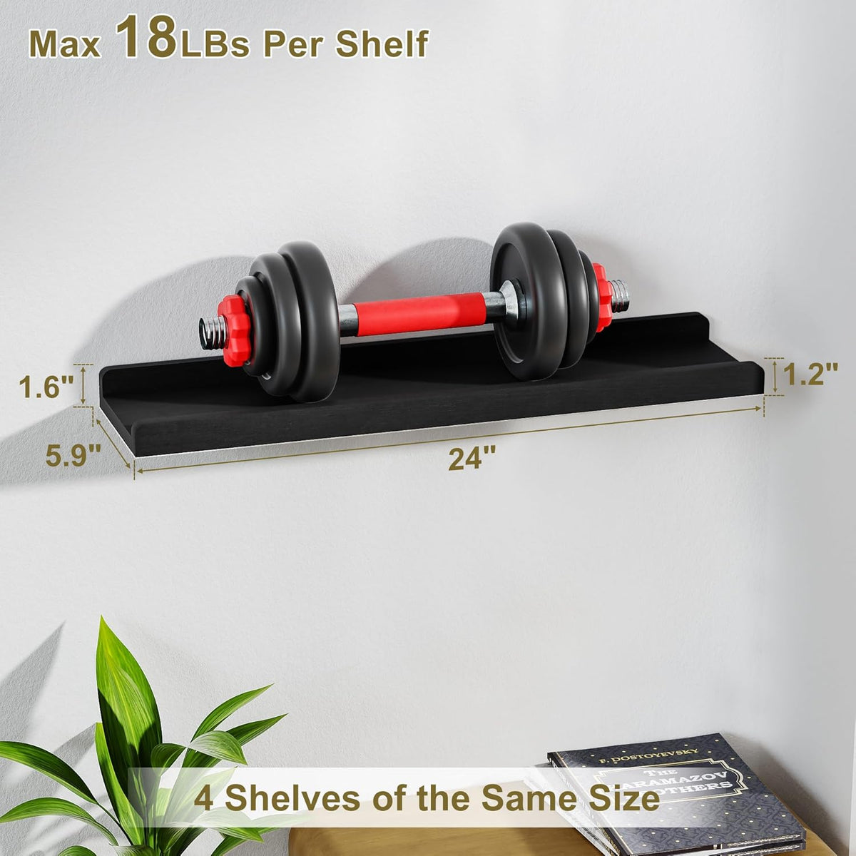 24" Black Floating Wall Shelves with Lip,Solid Wood,Set of 4