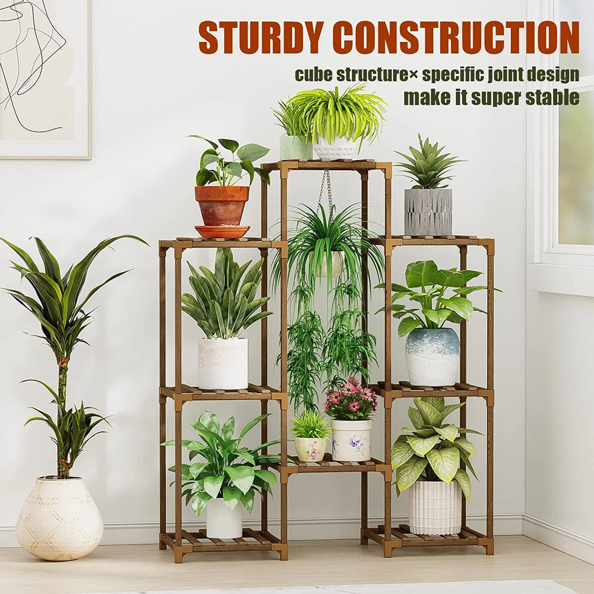 Wood Plant Stand 8 Pots Tiered Plant Shelf Indoor Outdoor Ladder Plant Rack with Hanging Design for Living Room Patio Balcony Garden